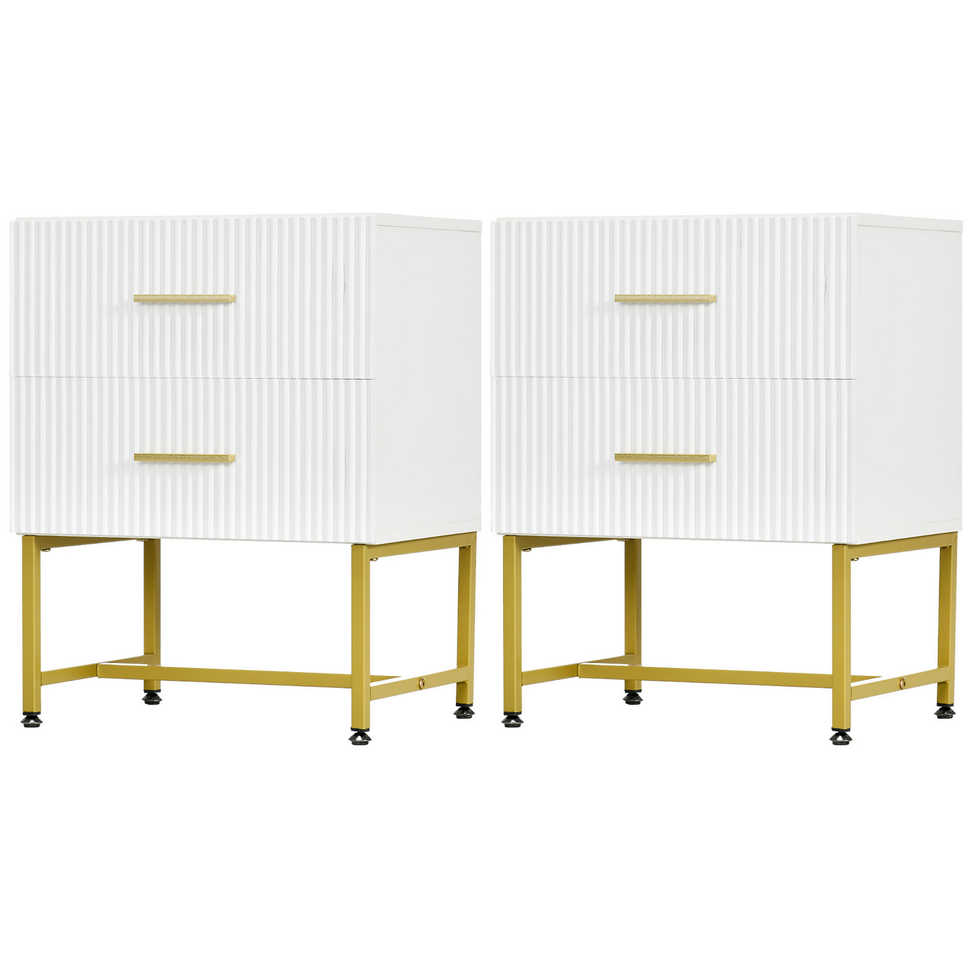 2 Pieces Nightstands with Storage, Modern Bedside Tables with 2 Fluted Drawers and Gold Legs for Bedroom, White-Home Furnishings > Bedroom Furniture > Bedside Tables-DECOROLALA