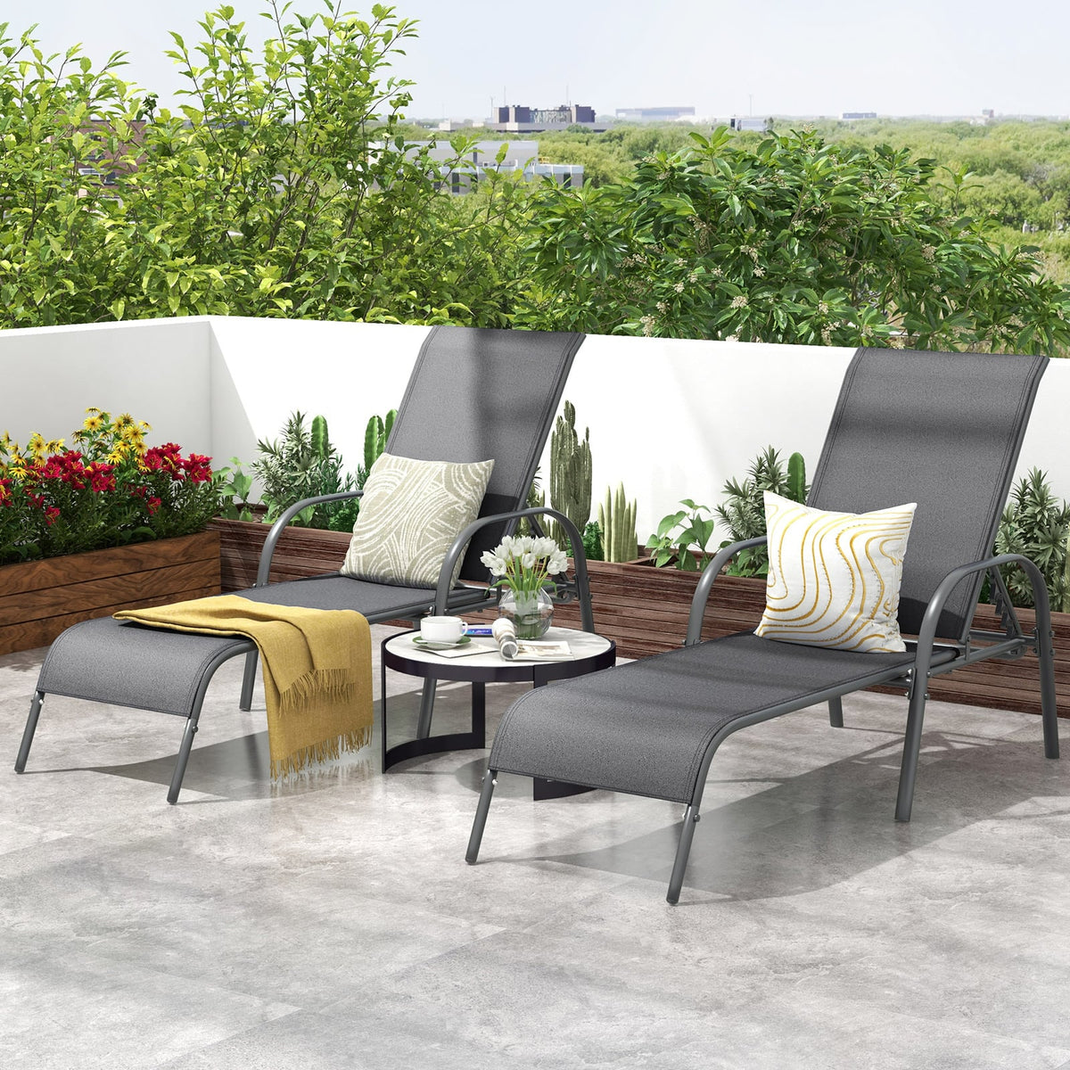2 Pieces Outdoor Patio Lounge Chair Chaise Fabric with Adjustable Reclining Armrest-Dark Gray-Outdoor Chaise Lounges-DECOROLALA