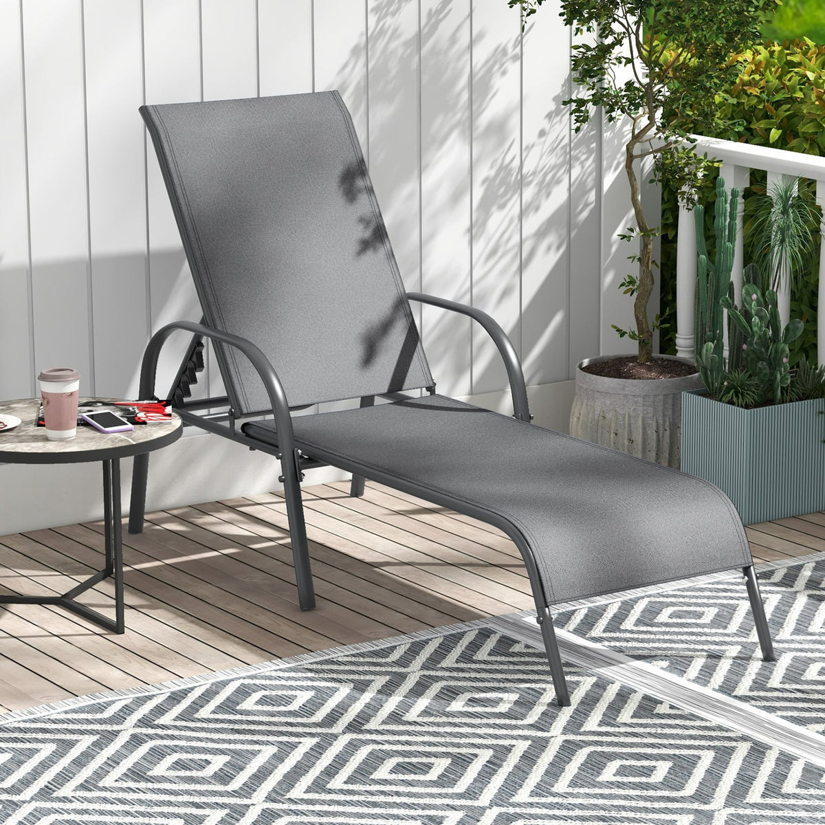2 Pieces Outdoor Patio Lounge Chair Chaise Fabric with Adjustable Reclining Armrest-Dark Gray-Outdoor Chaise Lounges-DECOROLALA