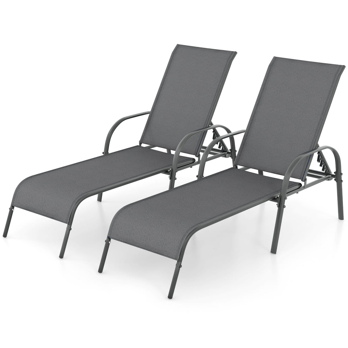 2 Pieces Outdoor Patio Lounge Chair Chaise Fabric with Adjustable Reclining Armrest-Dark Gray-Outdoor Chaise Lounges-DECOROLALA