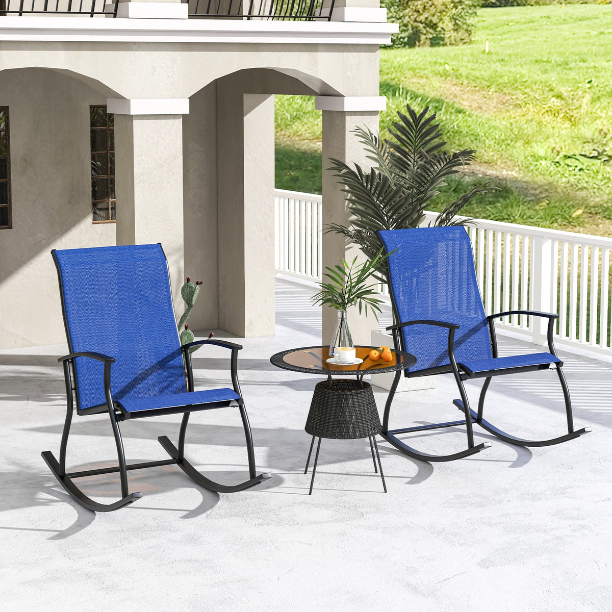 2 Pieces Outdoor Rocking Chairs with Breathable Backrest-Navy-Outdoor Rocking Chairs & Gliders-DECOROLALA