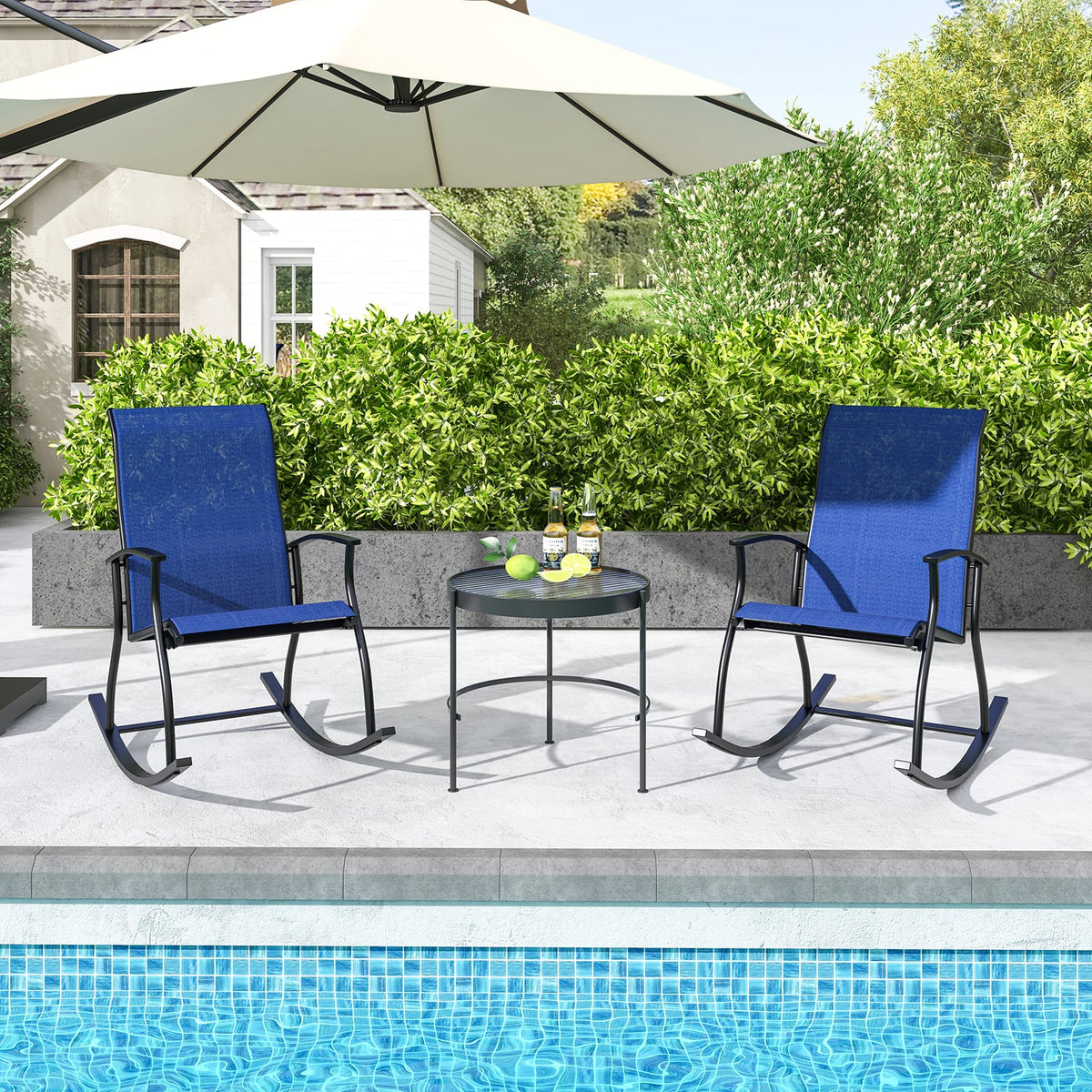 2 Pieces Outdoor Rocking Chairs with Breathable Backrest-Navy-Outdoor Rocking Chairs & Gliders-DECOROLALA