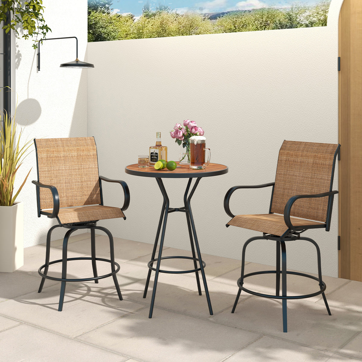 2 Pieces Patio 360 Rotation Swivel Bar Stool Set-Brown-Outdoor Bar Furniture-DECOROLALA