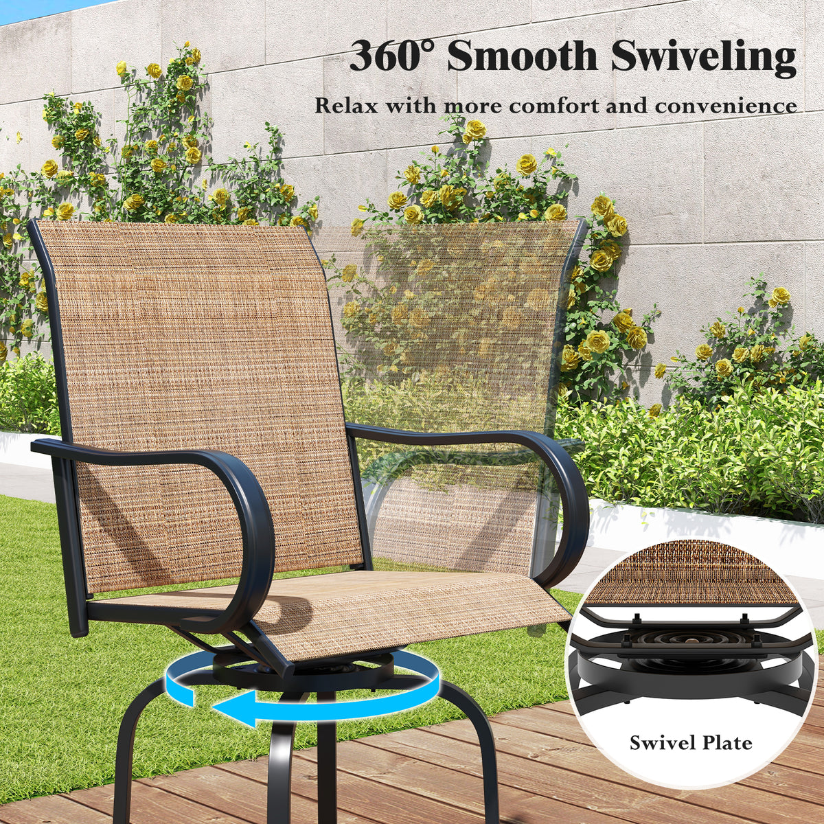 2 Pieces Patio 360 Rotation Swivel Bar Stool Set-Brown-Outdoor Bar Furniture-DECOROLALA