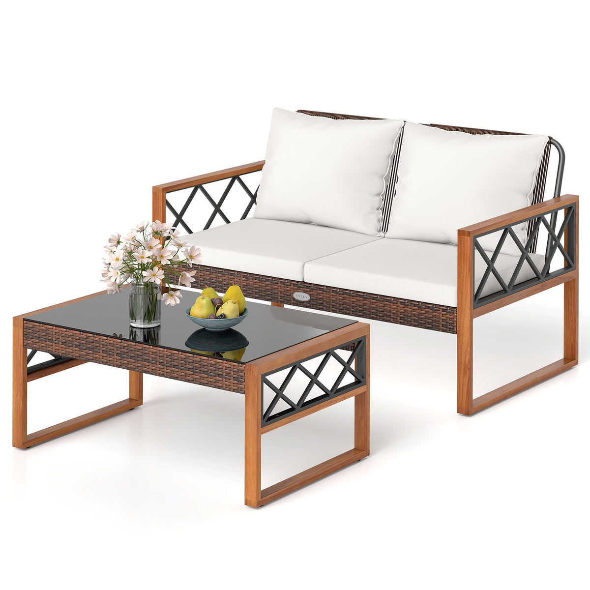 2 Pieces Patio PE Wicker Furniture Set Outside Conversation Set for Porch-White-Patio Conversation Sets-DECOROLALA
