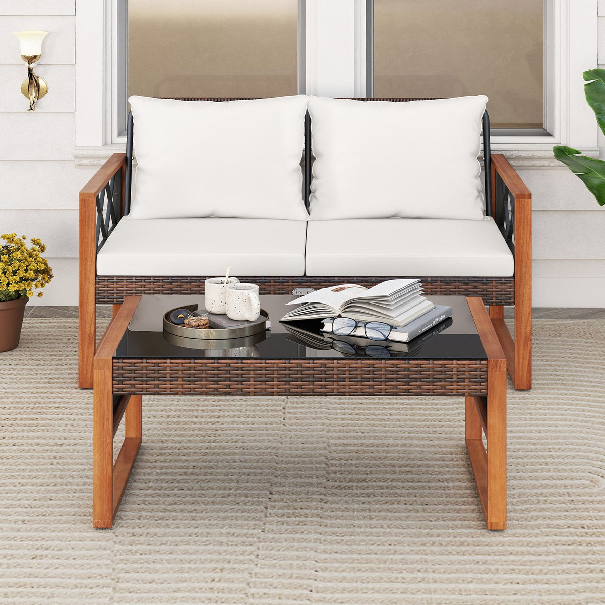 2 Pieces Patio PE Wicker Furniture Set Outside Conversation Set for Porch-White-Patio Conversation Sets-DECOROLALA