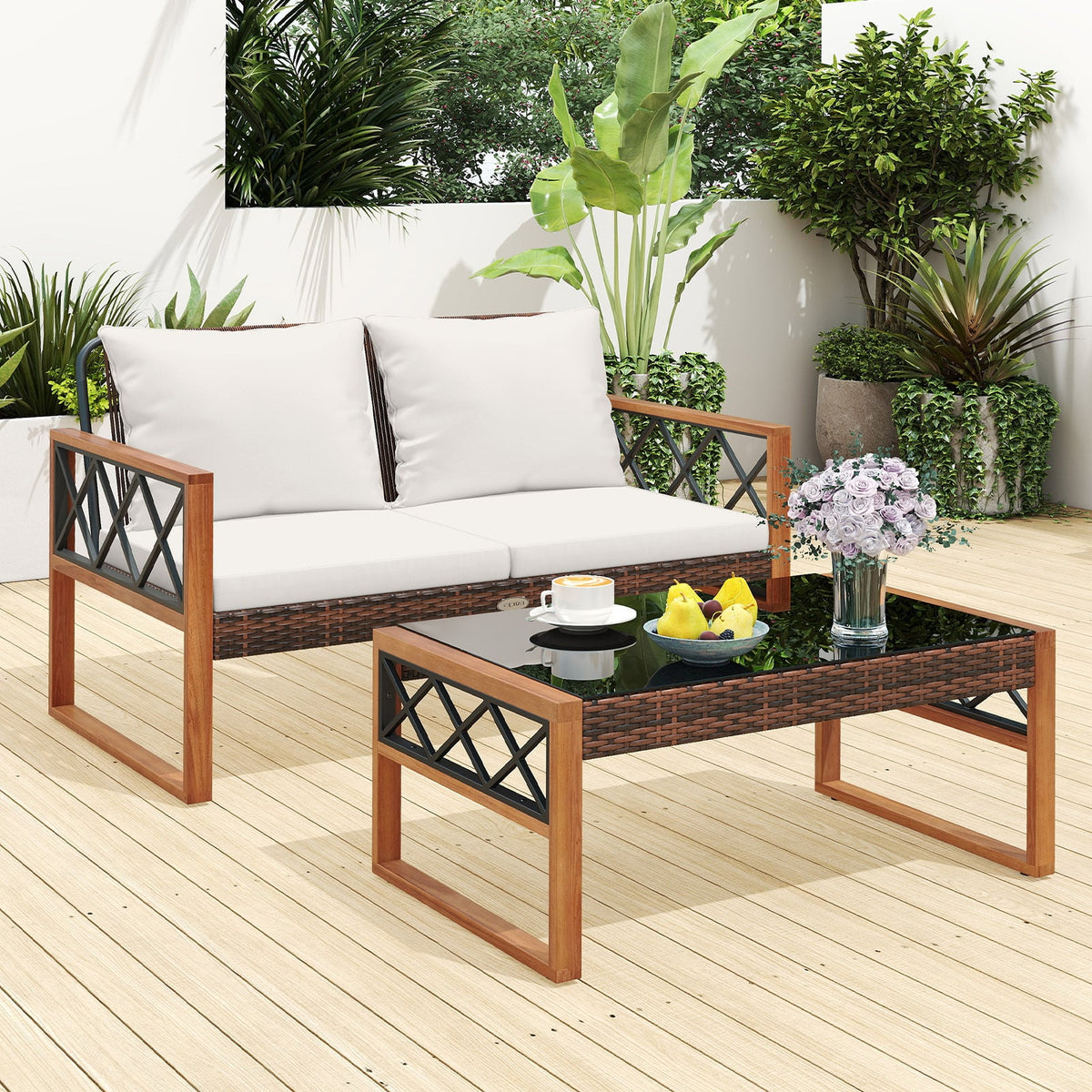 2 Pieces Patio PE Wicker Furniture Set Outside Conversation Set for Porch-White-Patio Conversation Sets-DECOROLALA