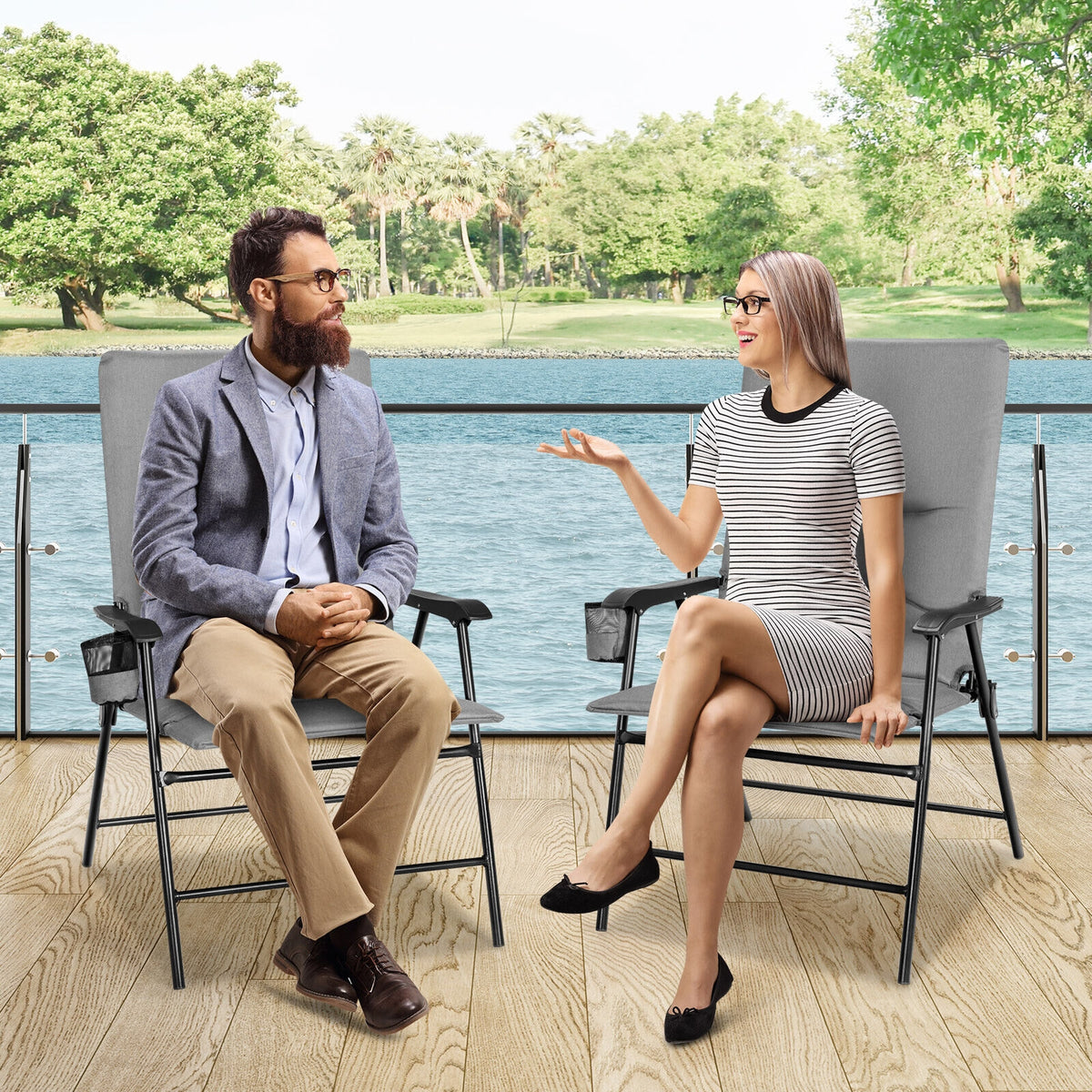 2 Pieces Patio Padded Folding Portable Chair Camping Dining Outdoor-Gray-Patio Dining Chairs-DECOROLALA