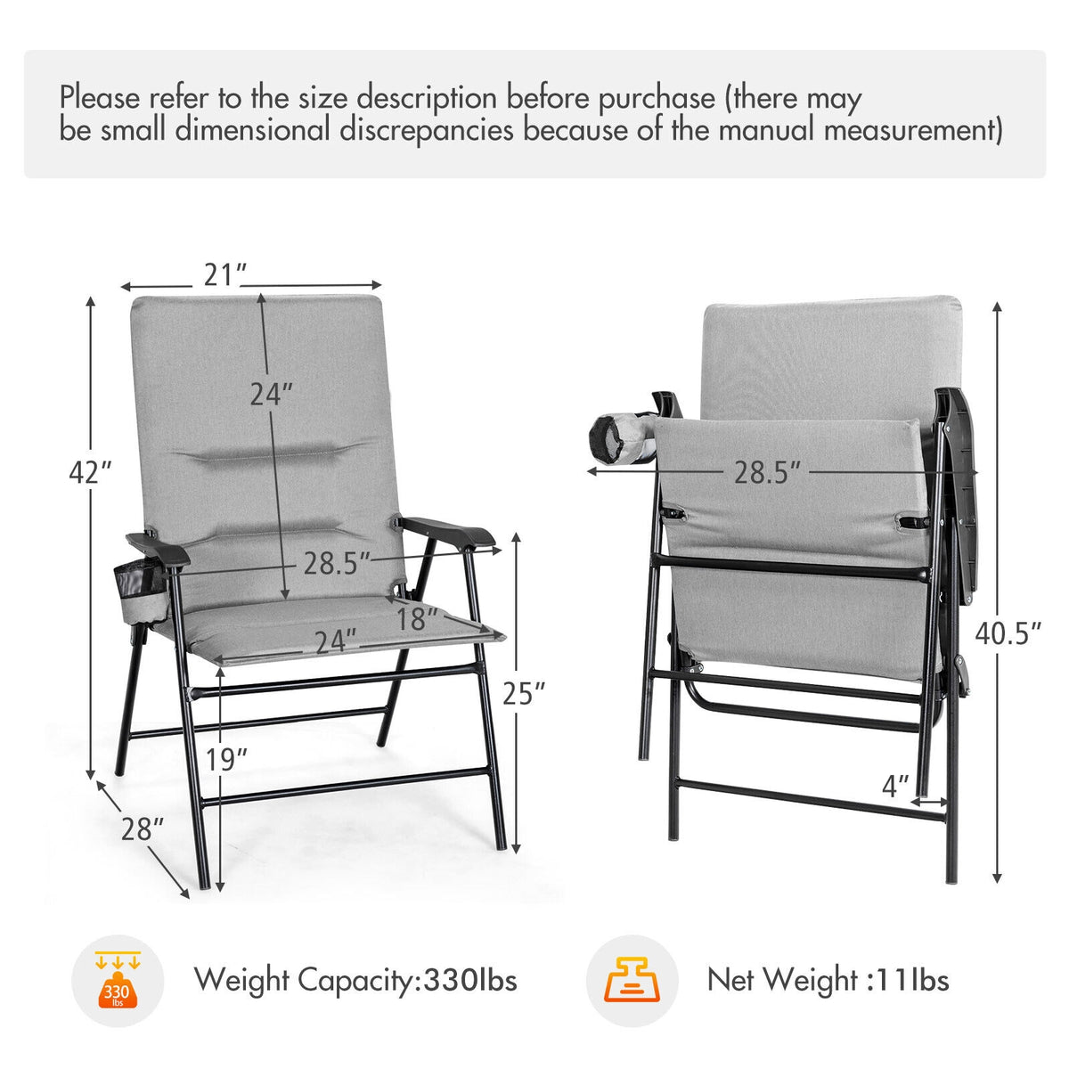 2 Pieces Patio Padded Folding Portable Chair Camping Dining Outdoor-Gray-Patio Dining Chairs-DECOROLALA