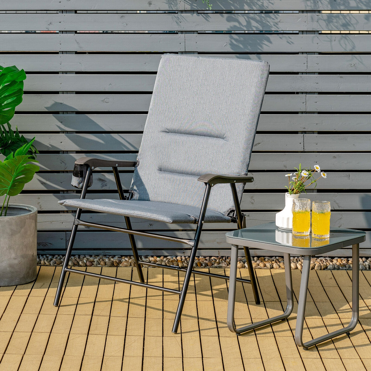 2 Pieces Patio Padded Folding Portable Chair Camping Dining Outdoor-Gray-Patio Dining Chairs-DECOROLALA