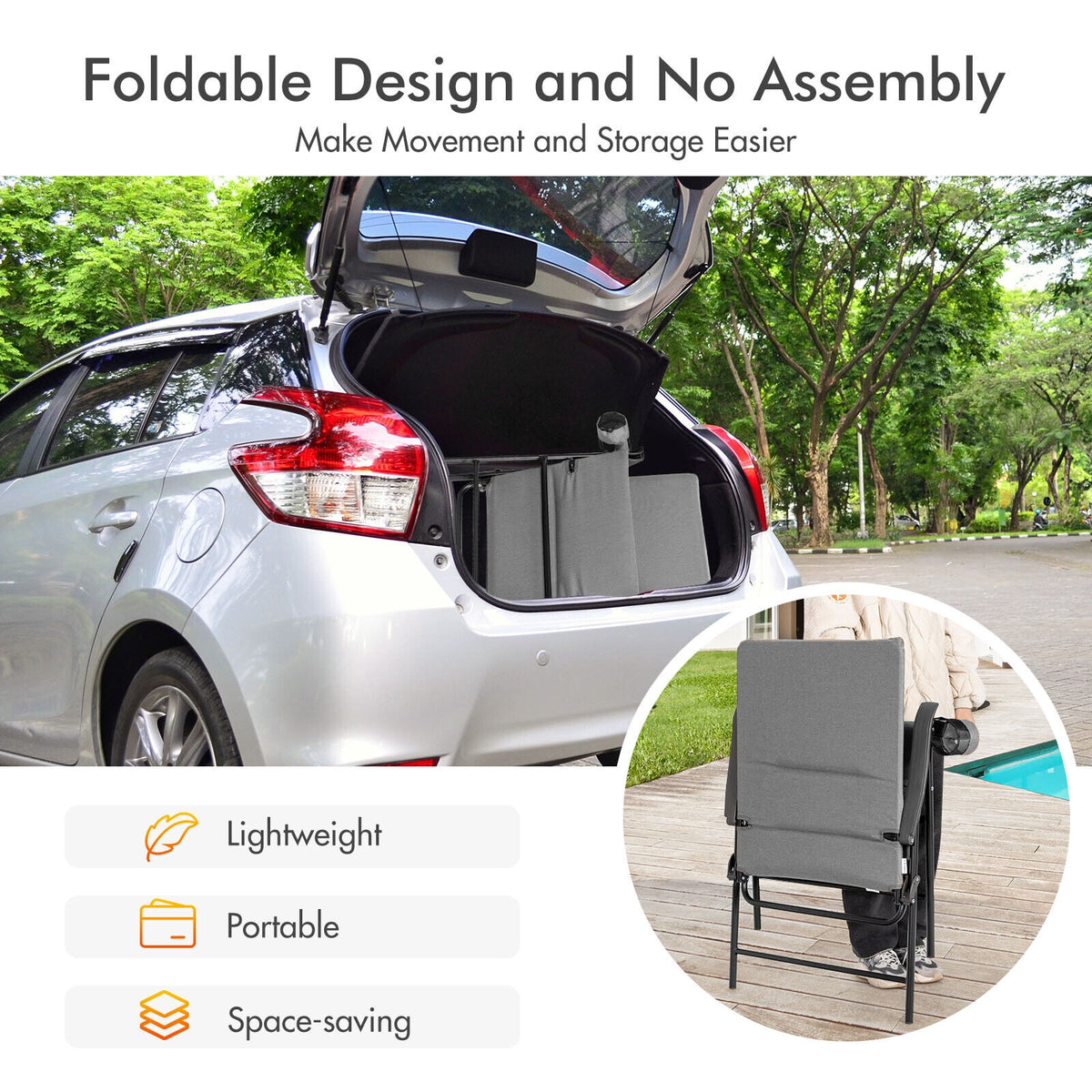 2 Pieces Patio Padded Folding Portable Chair Camping Dining Outdoor-Gray-Patio Dining Chairs-DECOROLALA