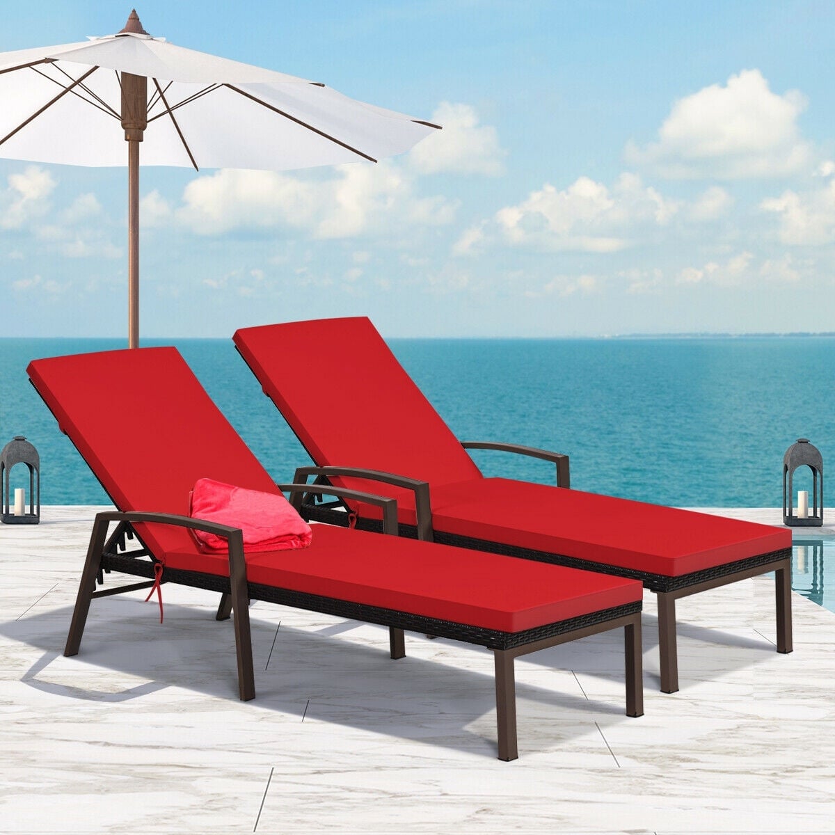 2 Pieces Patio Rattan Adjustable Back Lounge Chair with Armrest and Removable Cushions-Red-Outdoor Chaise Lounges-DECOROLALA