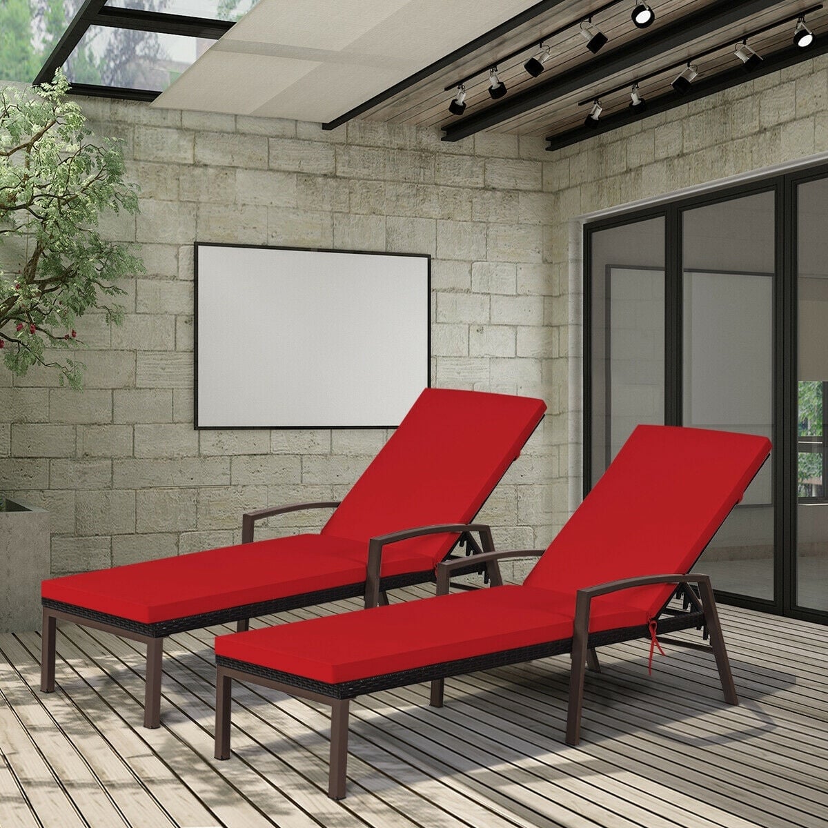 2 Pieces Patio Rattan Adjustable Back Lounge Chair with Armrest and Removable Cushions-Red-Outdoor Chaise Lounges-DECOROLALA