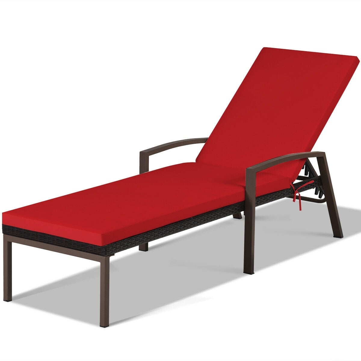 2 Pieces Patio Rattan Adjustable Back Lounge Chair with Armrest and Removable Cushions-Red-Outdoor Chaise Lounges-DECOROLALA