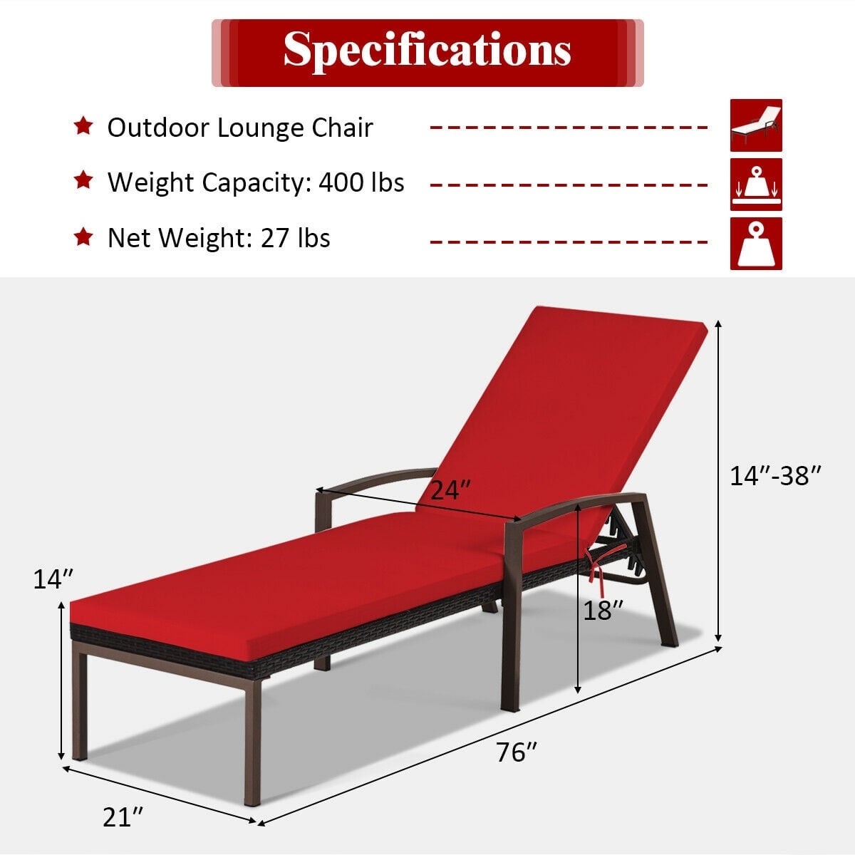 2 Pieces Patio Rattan Adjustable Back Lounge Chair with Armrest and Removable Cushions-Red-Outdoor Chaise Lounges-DECOROLALA