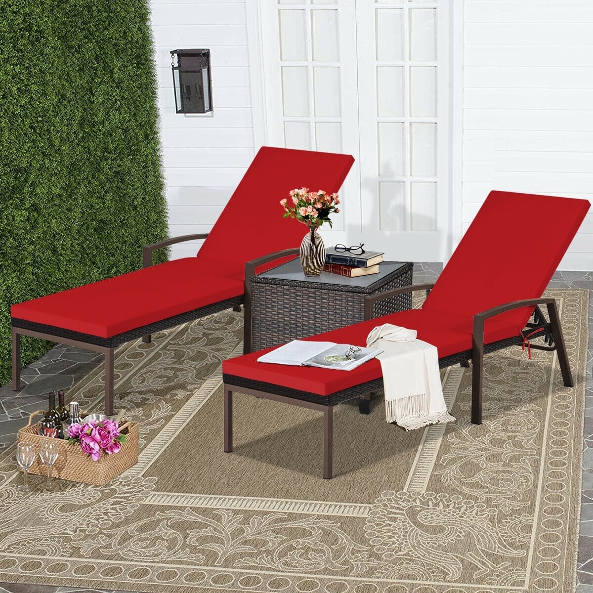 2 Pieces Patio Rattan Adjustable Back Lounge Chair with Armrest and Removable Cushions-Red-Outdoor Chaise Lounges-DECOROLALA