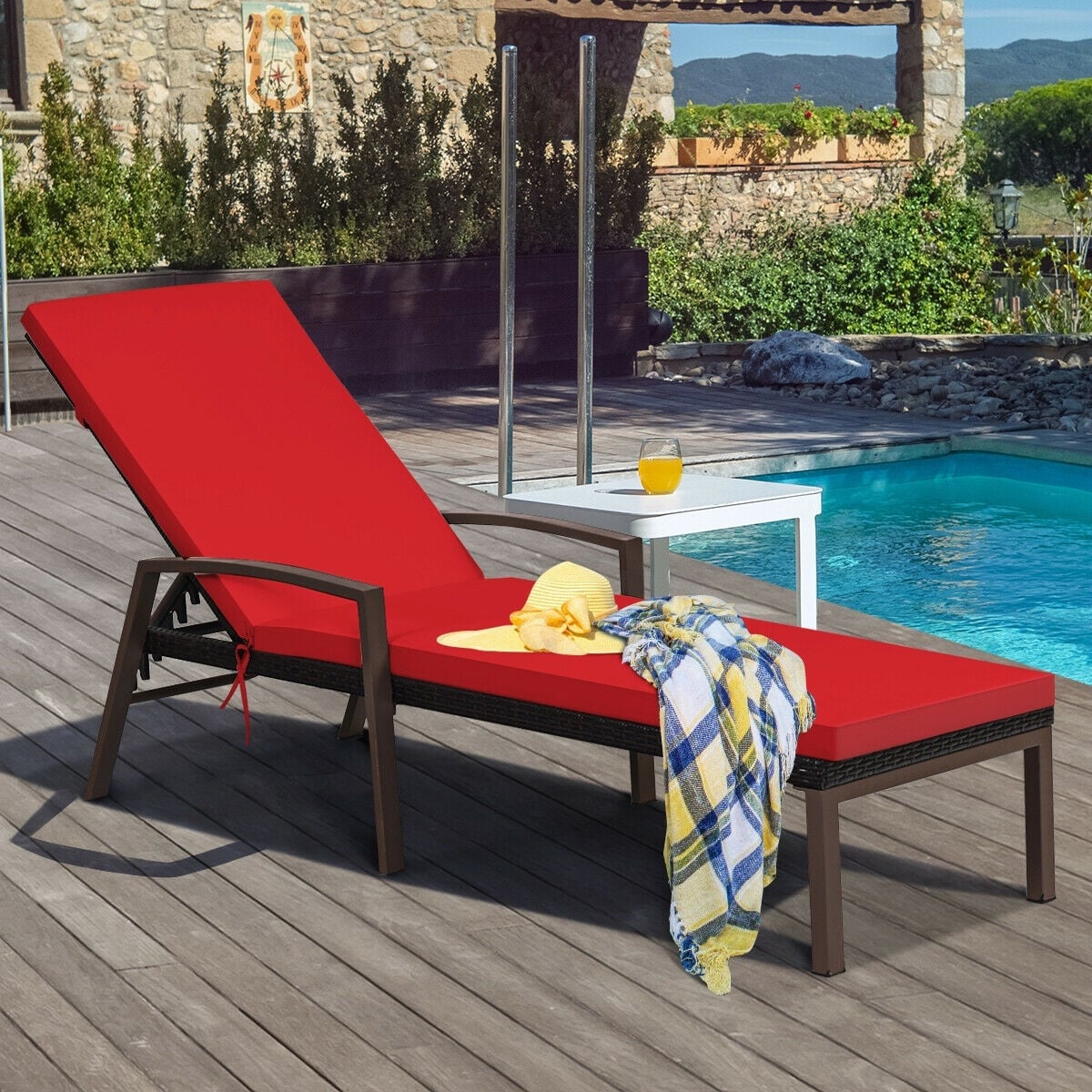 2 Pieces Patio Rattan Adjustable Back Lounge Chair with Armrest and Removable Cushions-Red-Outdoor Chaise Lounges-DECOROLALA