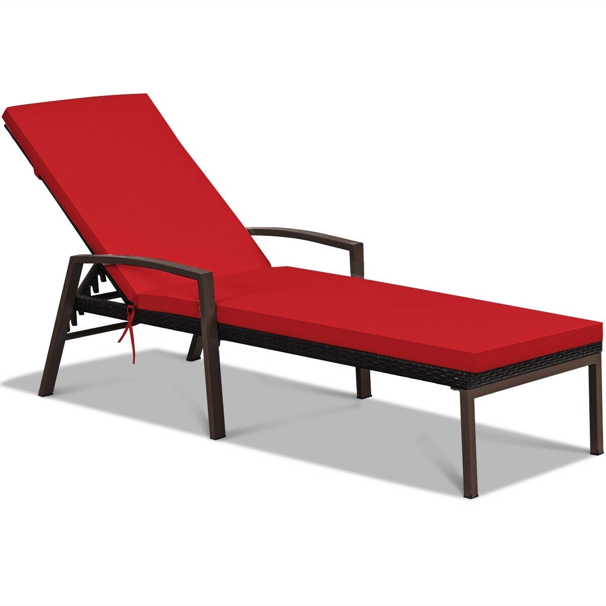 2 Pieces Patio Rattan Adjustable Back Lounge Chair with Armrest and Removable Cushions-Red-Outdoor Chaise Lounges-DECOROLALA