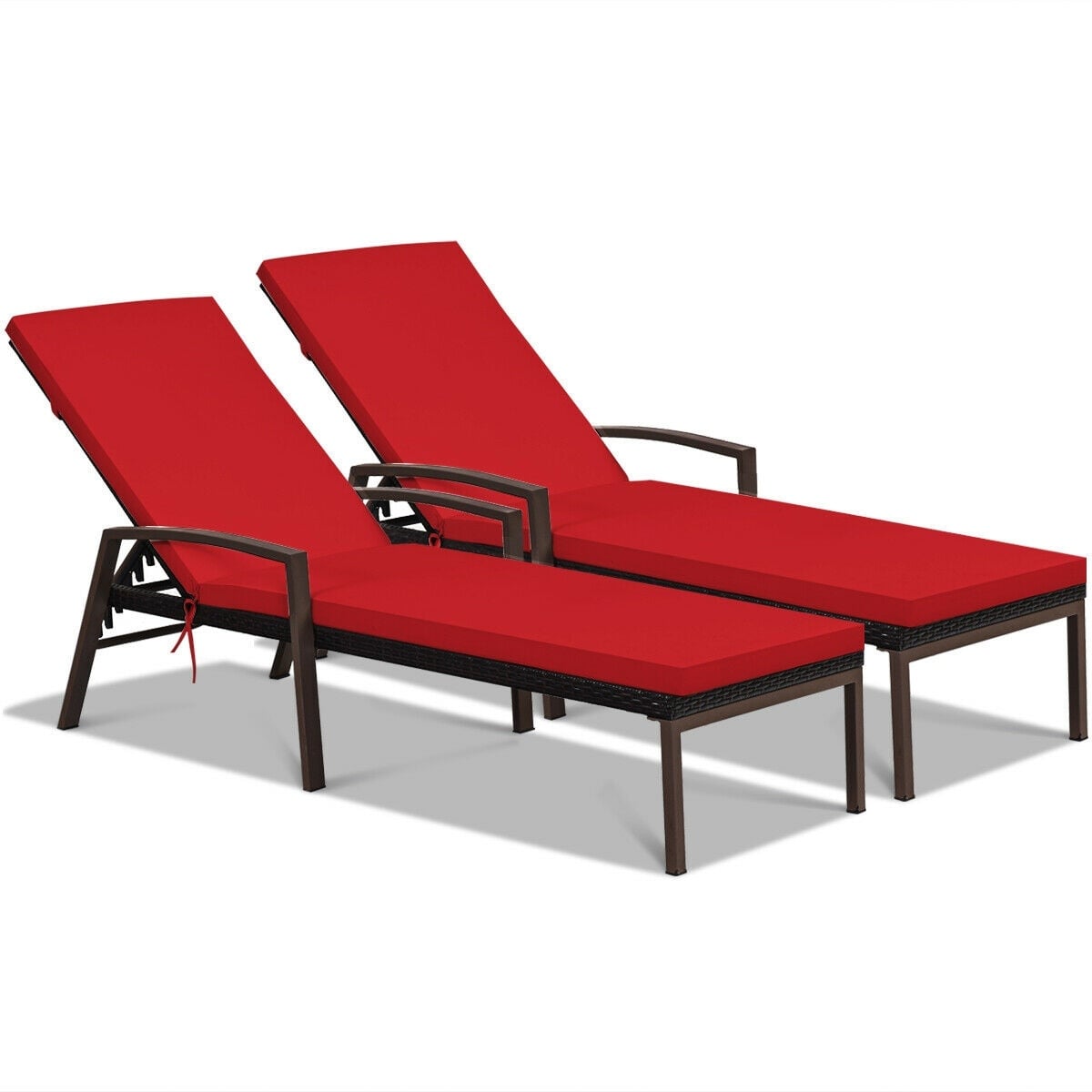 2 Pieces Patio Rattan Adjustable Back Lounge Chair with Armrest and Removable Cushions-Red-Outdoor Chaise Lounges-DECOROLALA