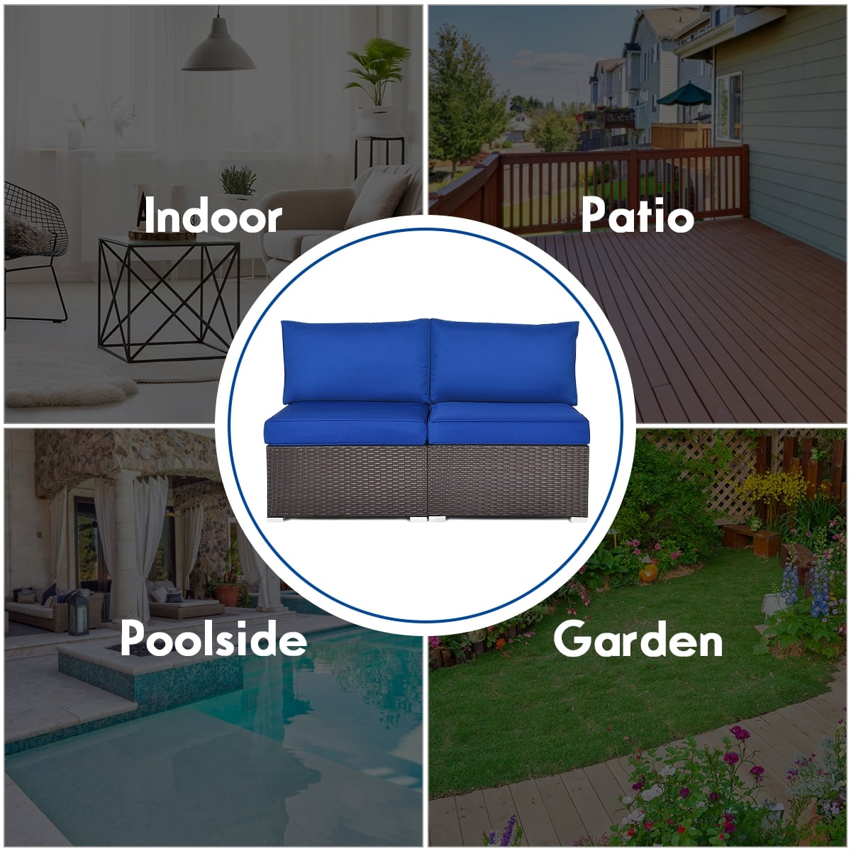 2 Pieces Patio Rattan Armless Sofa Set with 2 Cushions and 2 Pillows-Navy-Outdoor Sectional Sofas-DECOROLALA
