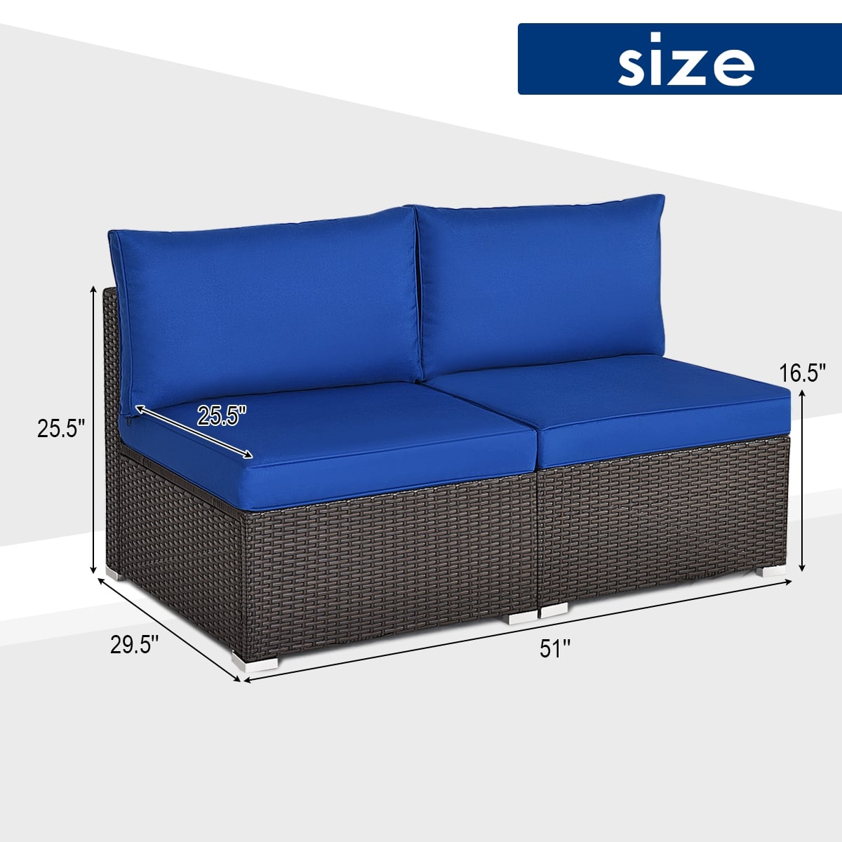 2 Pieces Patio Rattan Armless Sofa Set with 2 Cushions and 2 Pillows-Navy-Outdoor Sectional Sofas-DECOROLALA