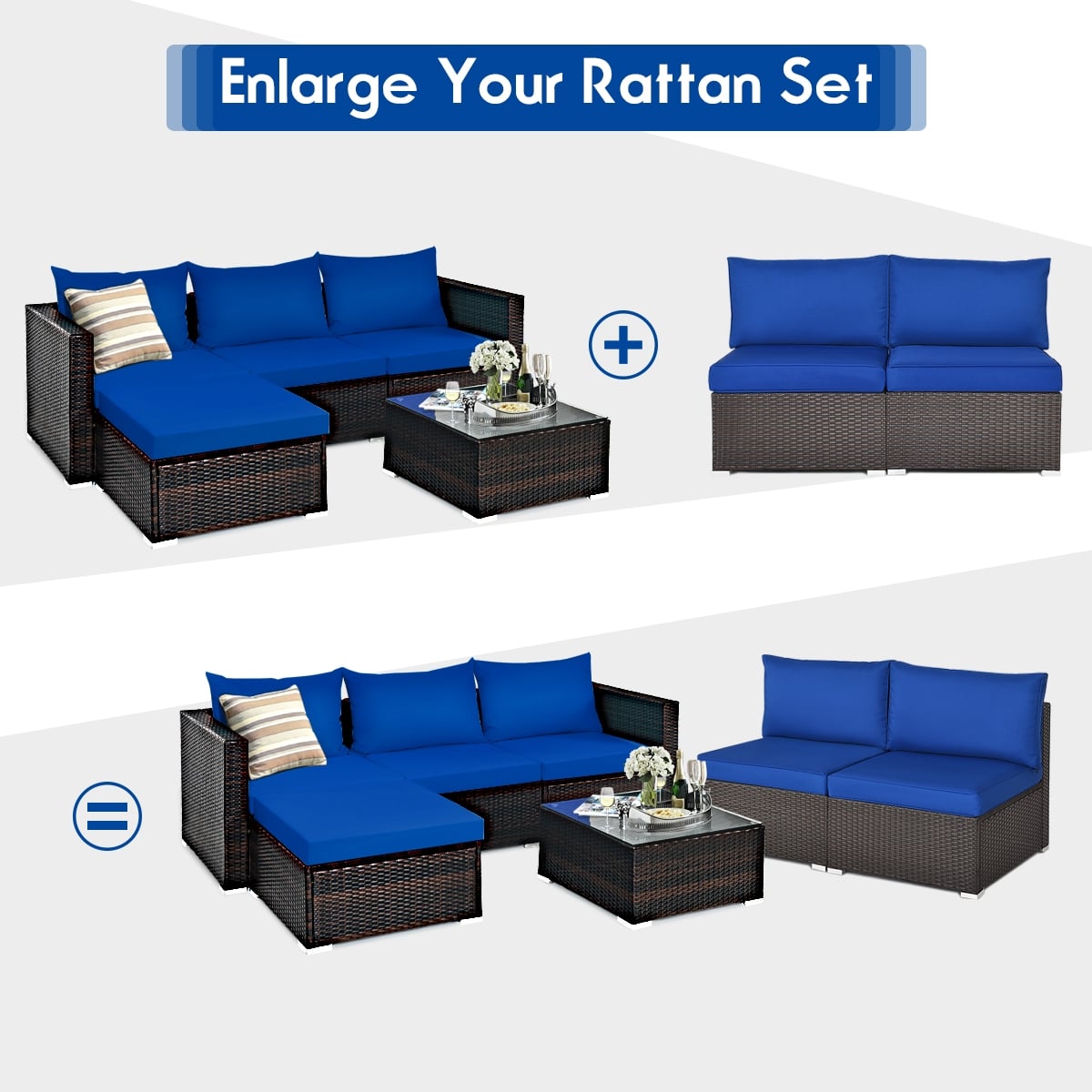 2 Pieces Patio Rattan Armless Sofa Set with 2 Cushions and 2 Pillows-Navy-Outdoor Sectional Sofas-DECOROLALA