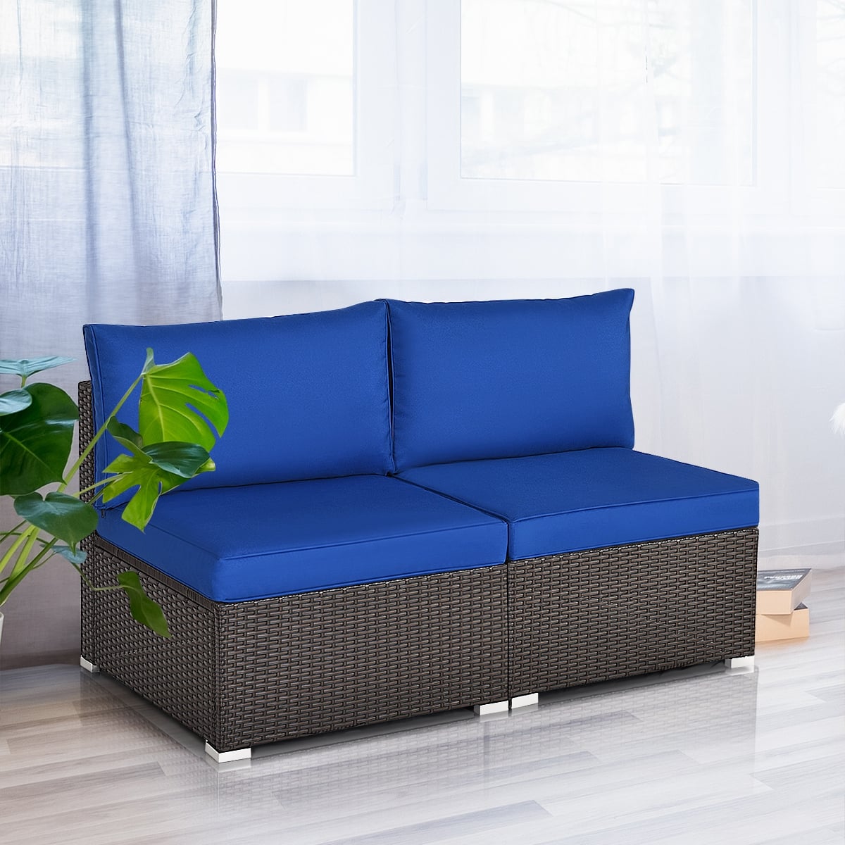 2 Pieces Patio Rattan Armless Sofa Set with 2 Cushions and 2 Pillows-Navy-Outdoor Sectional Sofas-DECOROLALA