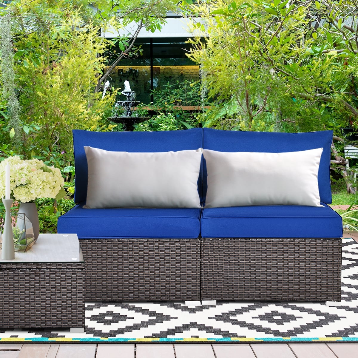 2 Pieces Patio Rattan Armless Sofa Set with 2 Cushions and 2 Pillows-Navy-Outdoor Sectional Sofas-DECOROLALA