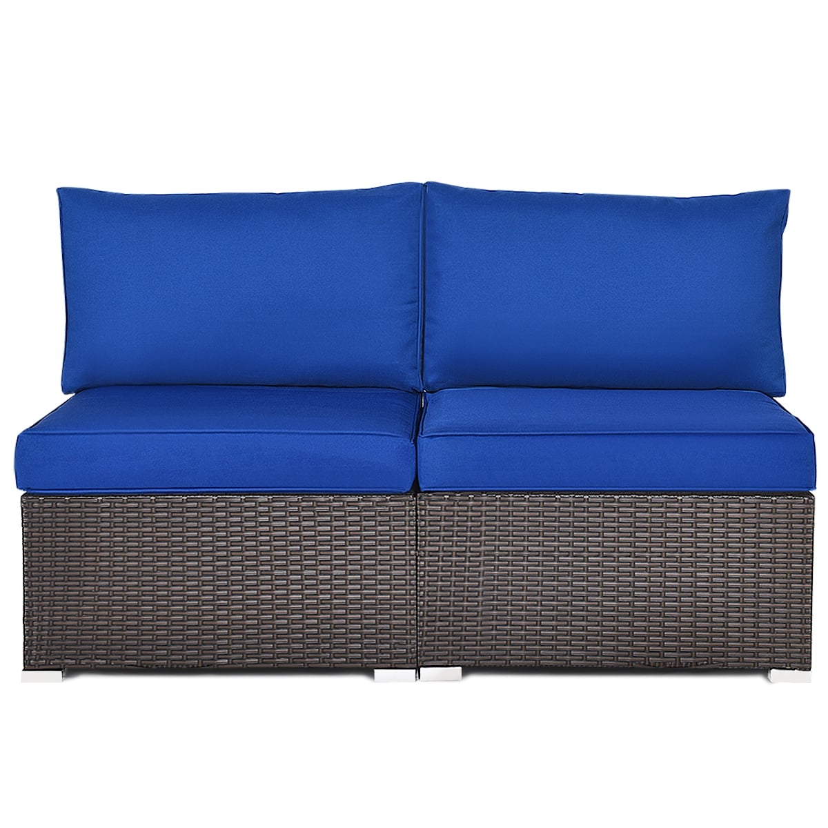 2 Pieces Patio Rattan Armless Sofa Set with 2 Cushions and 2 Pillows-Navy-Outdoor Sectional Sofas-DECOROLALA