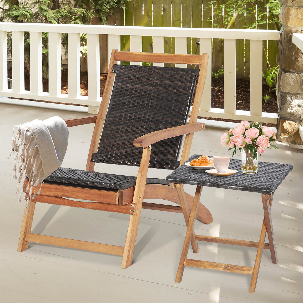 2 Pieces Patio Rattan Folding Lounge Chair with Acacia Wood Table-Outdoor Chaise Lounges-DECOROLALA