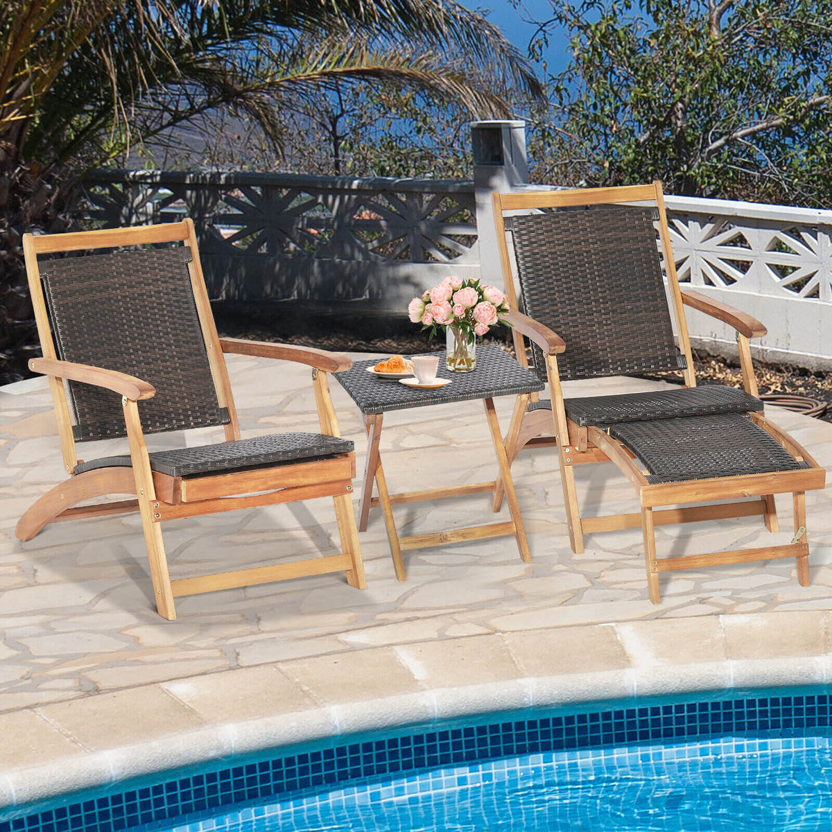 2 Pieces Patio Rattan Folding Lounge Chair with Acacia Wood Table-Outdoor Chaise Lounges-DECOROLALA