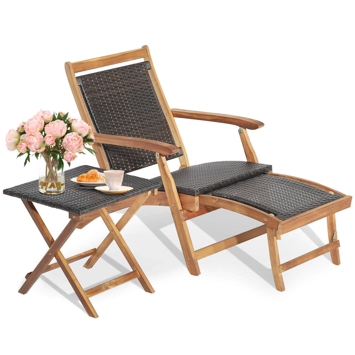 2 Pieces Patio Rattan Folding Lounge Chair with Acacia Wood Table-Outdoor Chaise Lounges-DECOROLALA