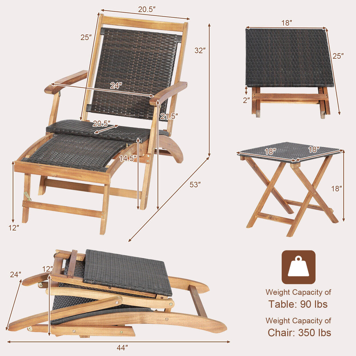 2 Pieces Patio Rattan Folding Lounge Chair with Acacia Wood Table-Outdoor Chaise Lounges-DECOROLALA