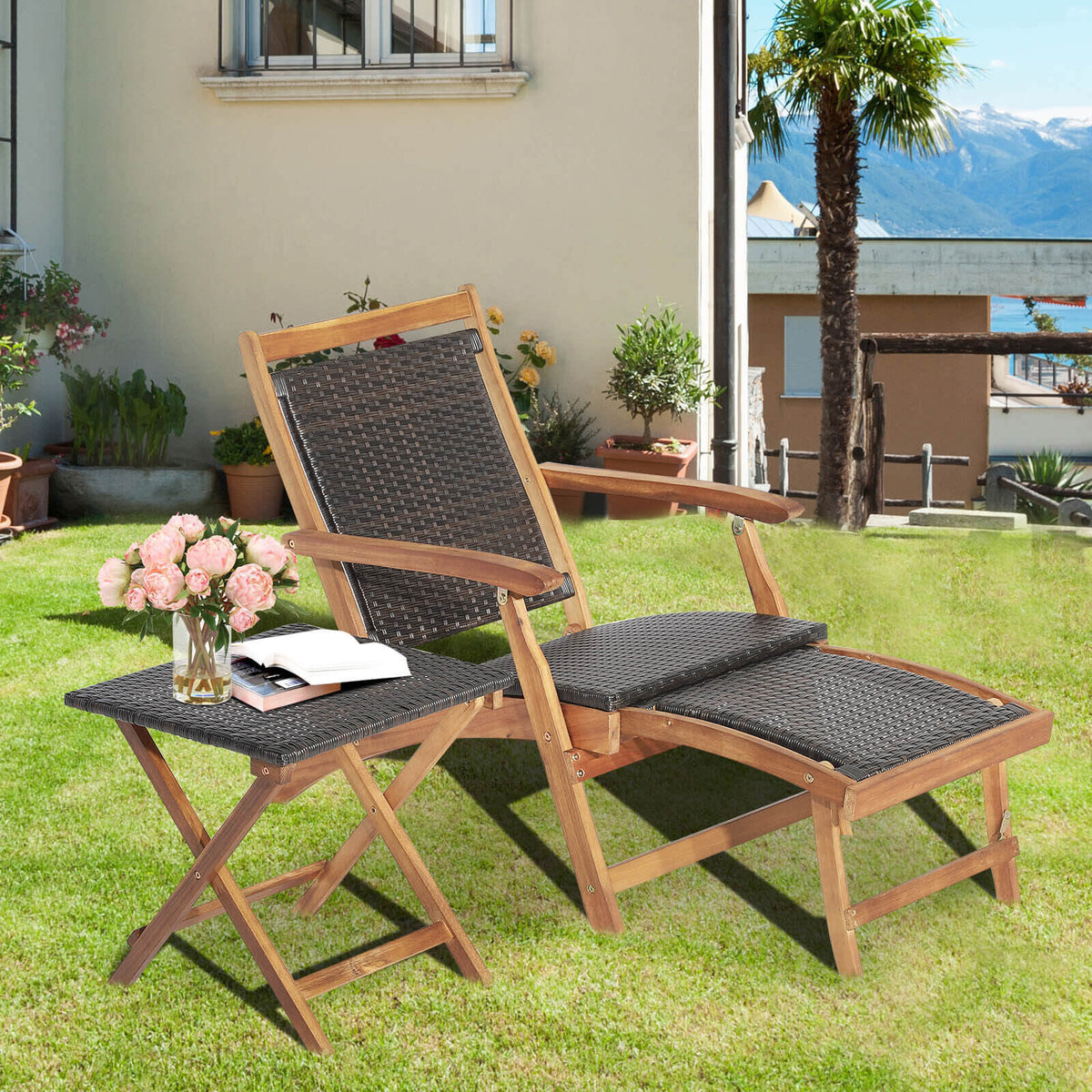 2 Pieces Patio Rattan Folding Lounge Chair with Acacia Wood Table-Outdoor Chaise Lounges-DECOROLALA