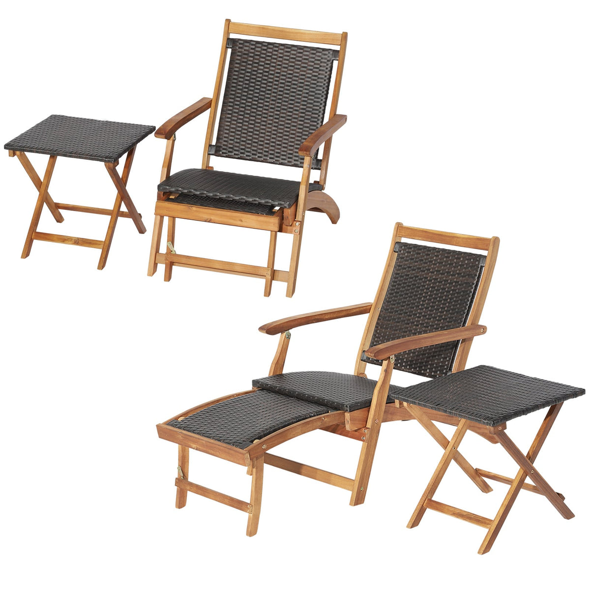 2 Pieces Patio Rattan Folding Lounge Chair with Acacia Wood Table-Outdoor Chaise Lounges-DECOROLALA