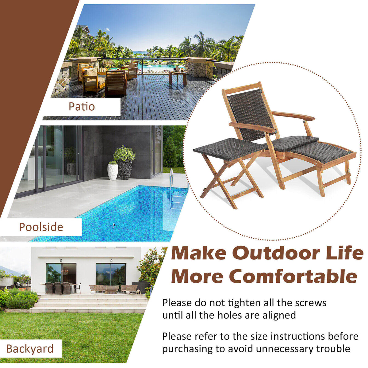 2 Pieces Patio Rattan Folding Lounge Chair with Acacia Wood Table-Outdoor Chaise Lounges-DECOROLALA