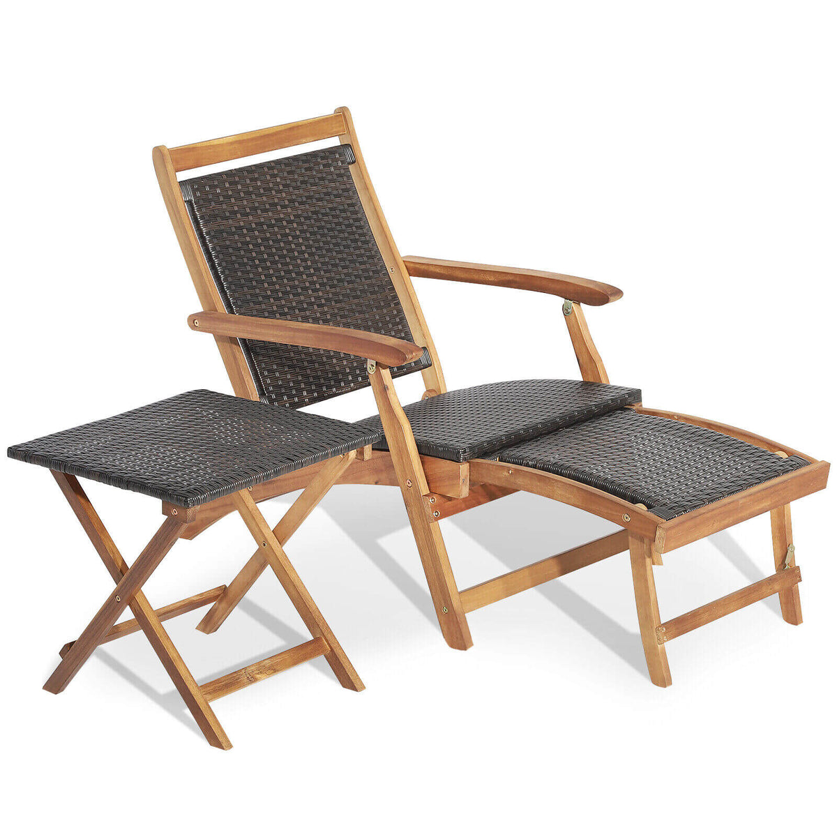 2 Pieces Patio Rattan Folding Lounge Chair with Acacia Wood Table-Outdoor Chaise Lounges-DECOROLALA
