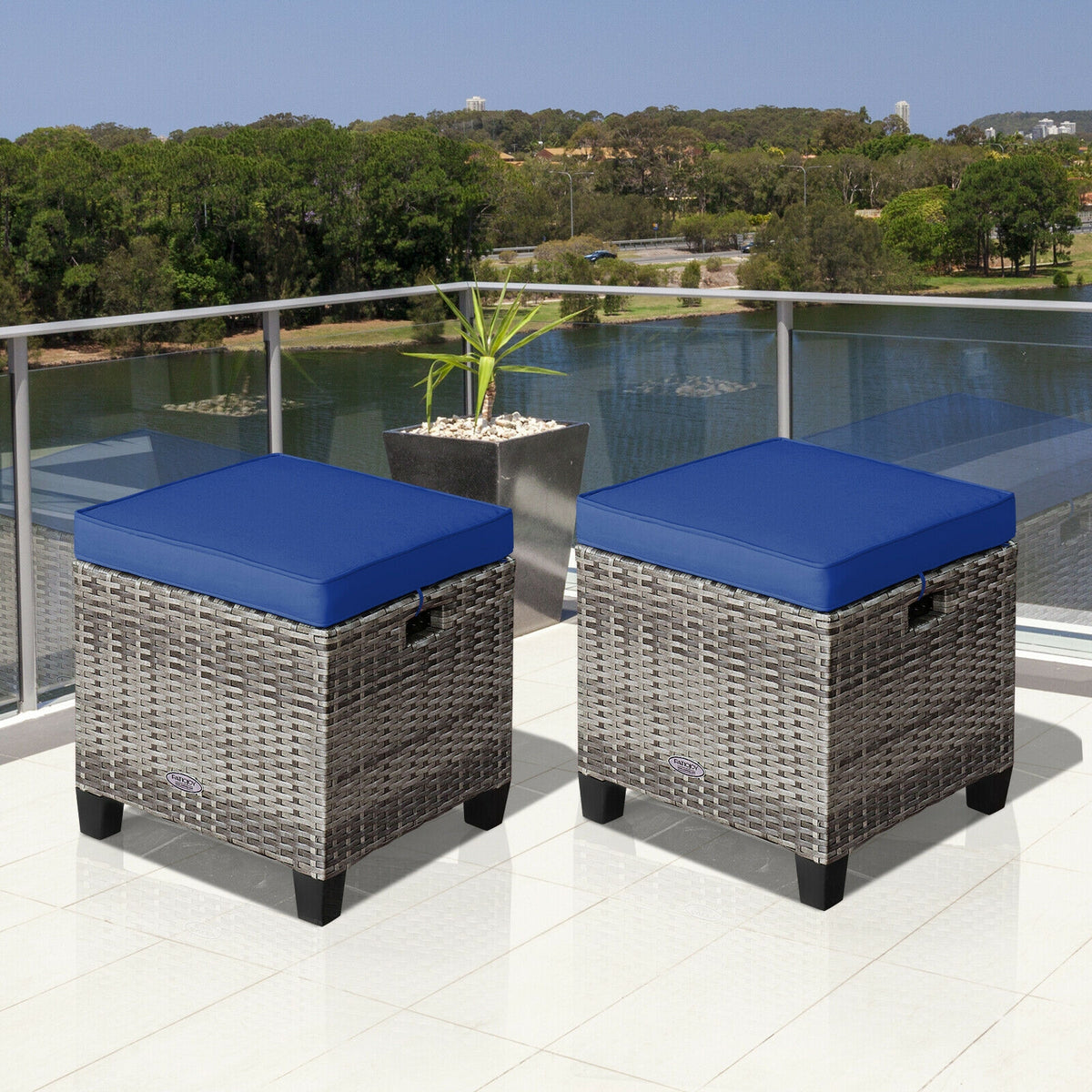 2 Pieces Patio Rattan Ottoman Seat with Removable Cushions-Navy-Outdoor Chairs & Seating-DECOROLALA