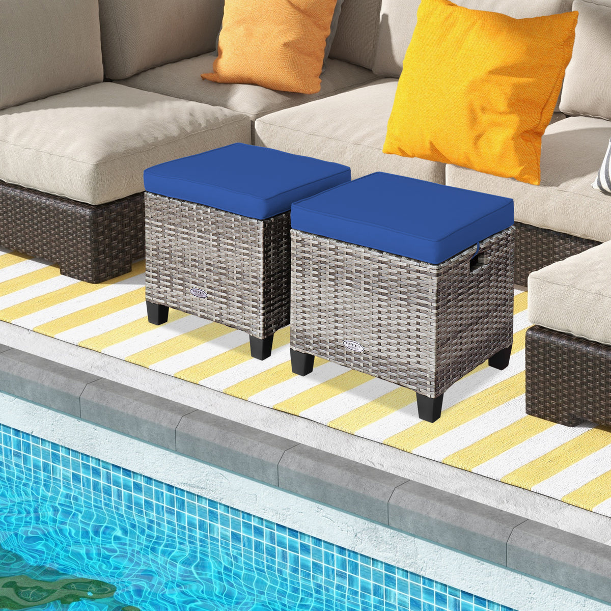 2 Pieces Patio Rattan Ottoman Seat with Removable Cushions-Navy-Outdoor Chairs & Seating-DECOROLALA