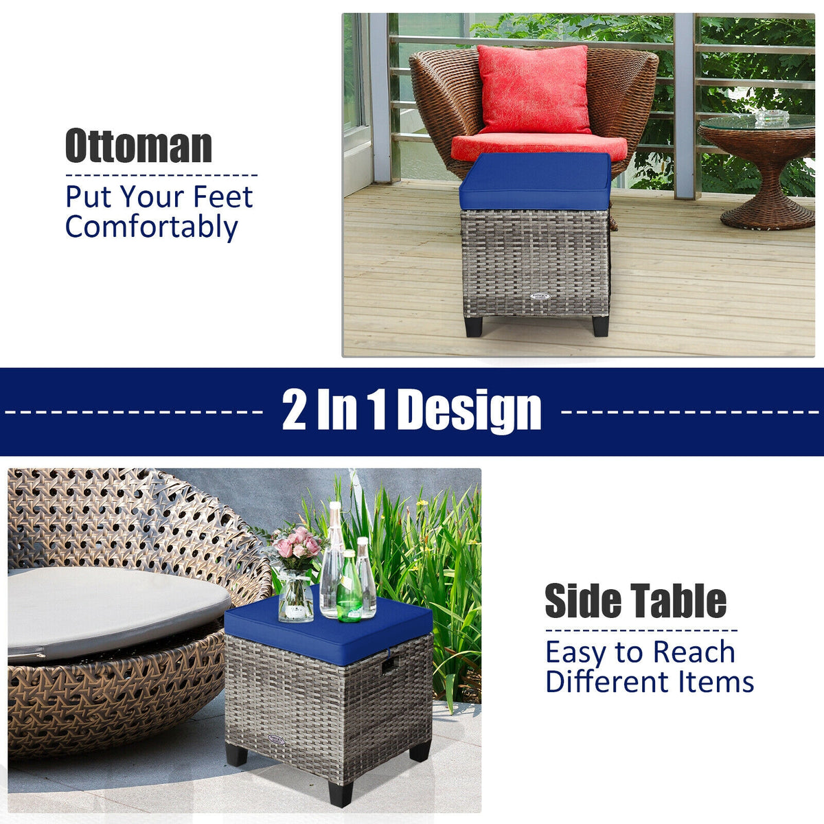2 Pieces Patio Rattan Ottoman Seat with Removable Cushions-Navy-Outdoor Chairs & Seating-DECOROLALA
