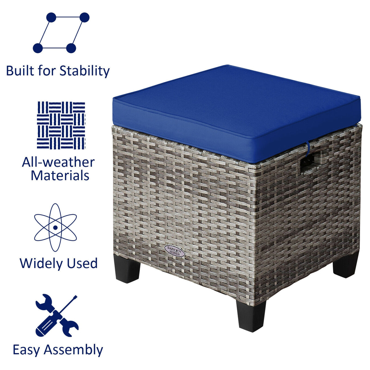 2 Pieces Patio Rattan Ottoman Seat with Removable Cushions-Navy-Outdoor Chairs & Seating-DECOROLALA