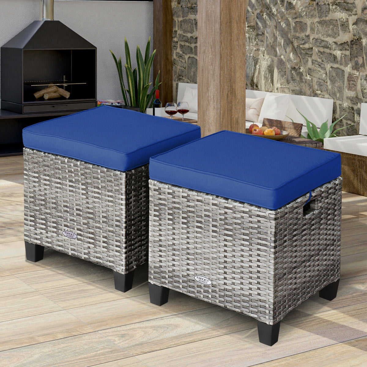 2 Pieces Patio Rattan Ottoman Seat with Removable Cushions-Navy-Outdoor Chairs & Seating-DECOROLALA