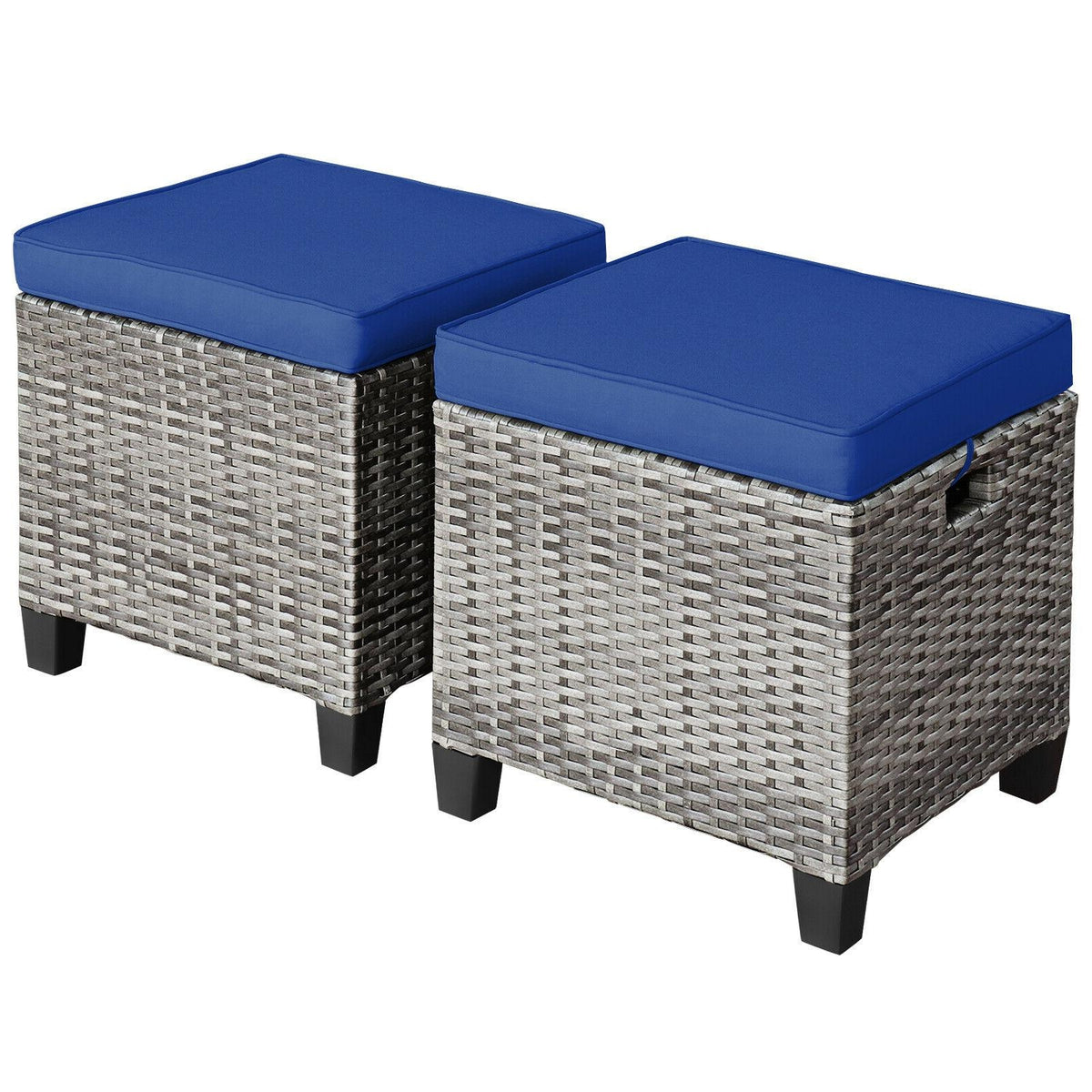 2 Pieces Patio Rattan Ottoman Seat with Removable Cushions-Navy-Outdoor Chairs & Seating-DECOROLALA