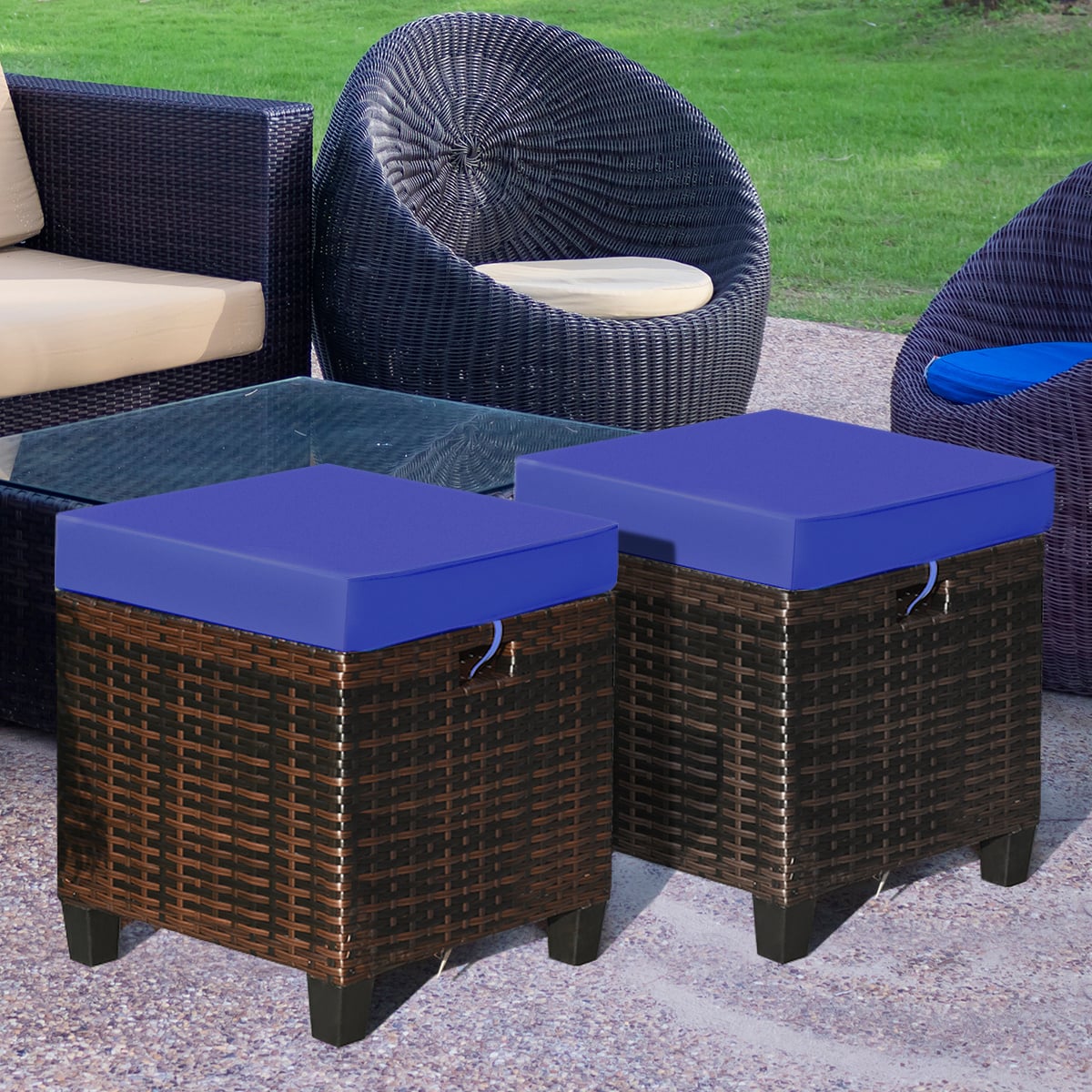2 Pieces Patio Rattan Ottoman Set with Removable Cushions-Navy-Outdoor Chairs & Seating-DECOROLALA