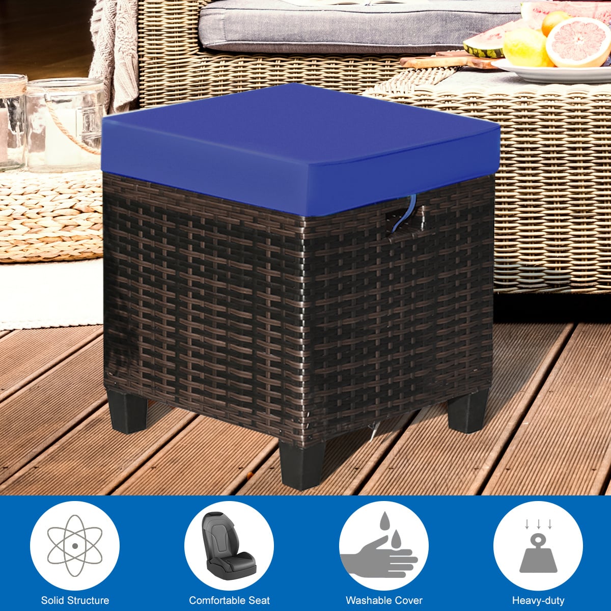 2 Pieces Patio Rattan Ottoman Set with Removable Cushions-Navy-Outdoor Chairs & Seating-DECOROLALA