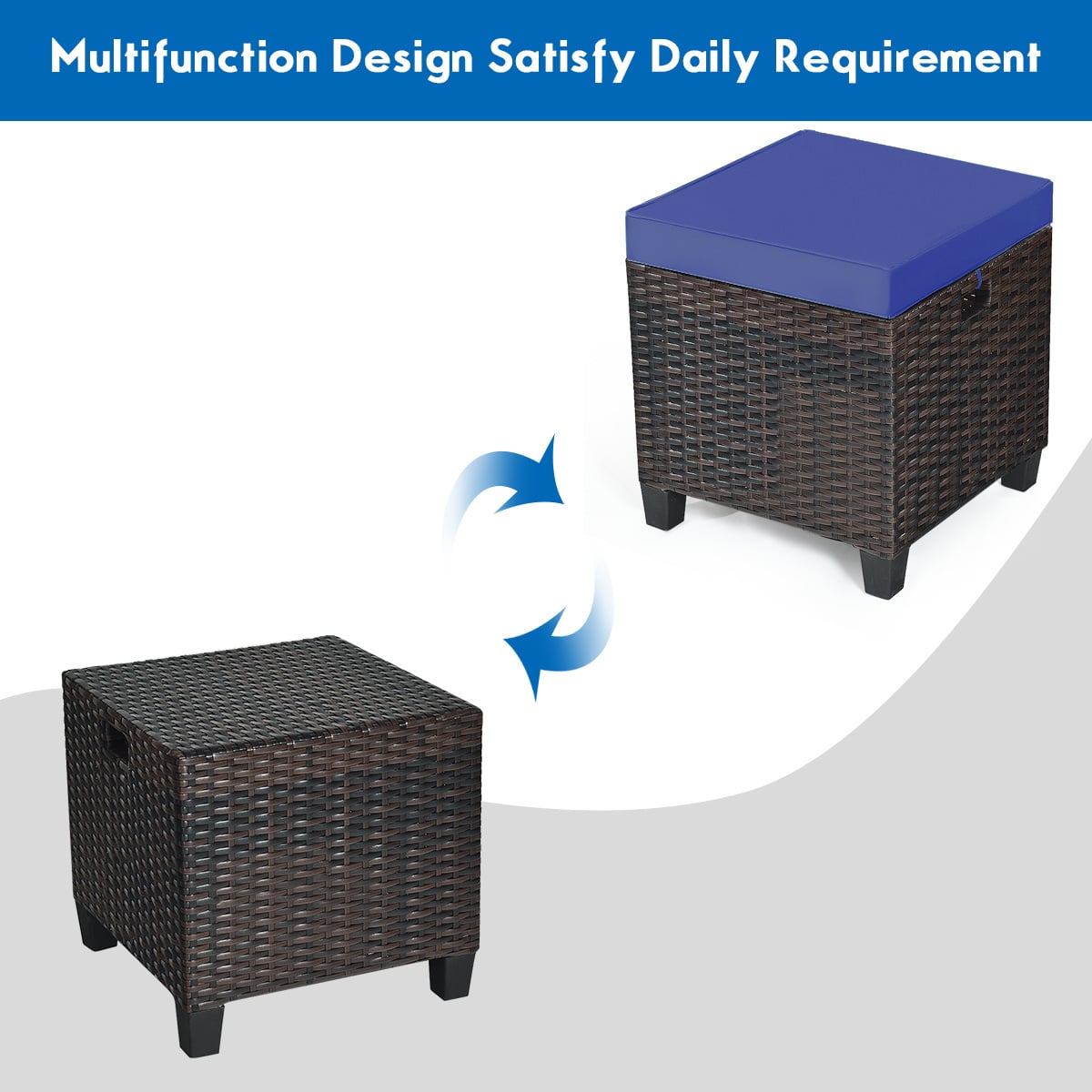 2 Pieces Patio Rattan Ottoman Set with Removable Cushions-Navy-Outdoor Chairs & Seating-DECOROLALA