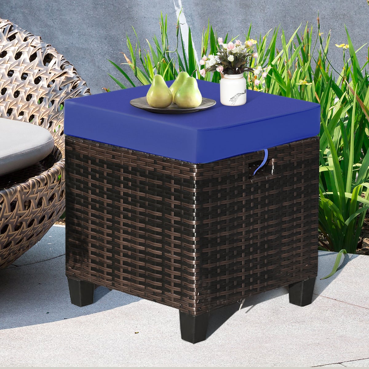 2 Pieces Patio Rattan Ottoman Set with Removable Cushions-Navy-Outdoor Chairs & Seating-DECOROLALA