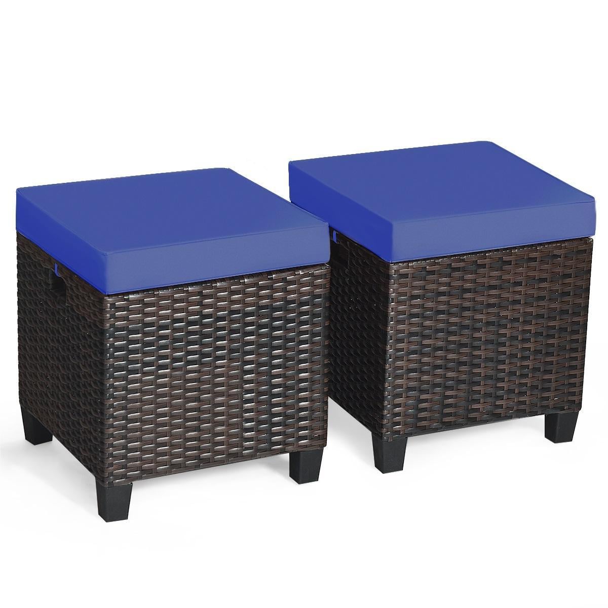 2 Pieces Patio Rattan Ottoman Set with Removable Cushions-Navy-Outdoor Chairs & Seating-DECOROLALA