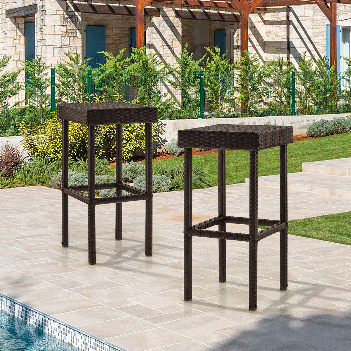 2 Pieces Patio Rattan Wicker Bar Stool Chairs-Brown-Outdoor Bar Furniture-DECOROLALA