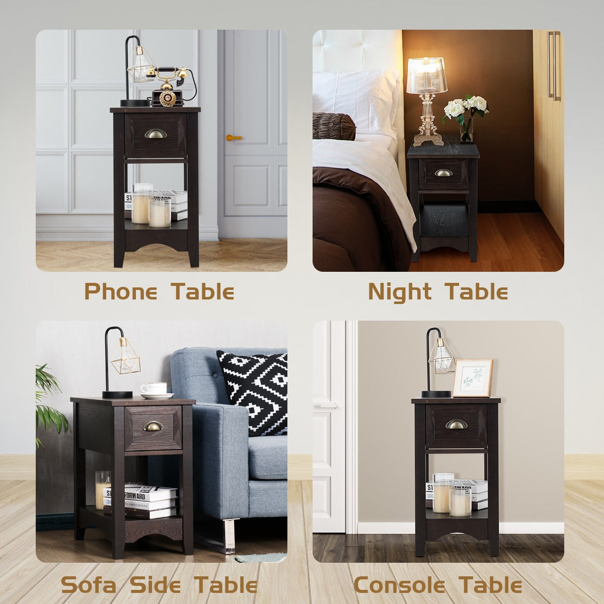 2 Pieces Retro Narrow Tiered End Table with Drawer and Storing Shelf-Brown-End & Side Tables-DECOROLALA